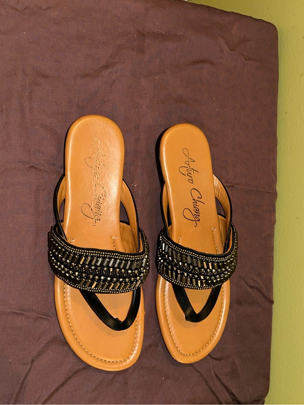Angelina Black Beaded Sandal with Tan Footbed